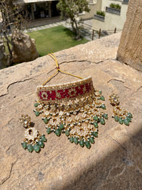 Jadau Kundan Aad choker set with semi-precious ruby or emerald stones