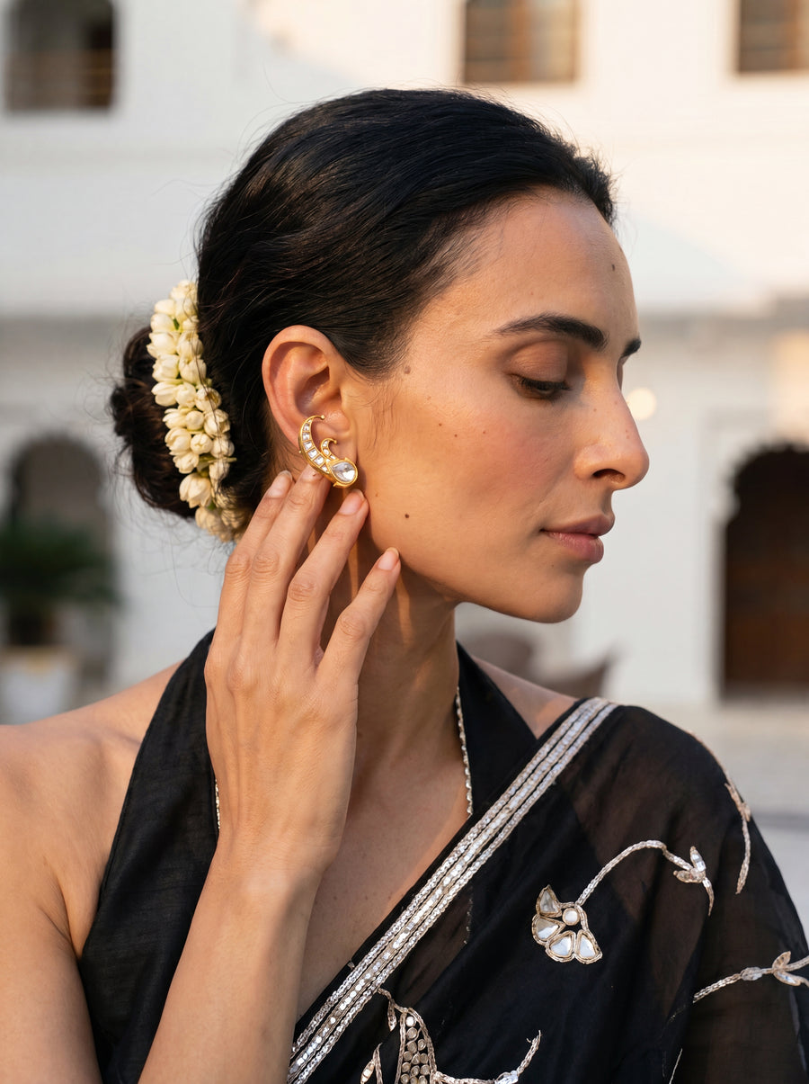 Kundan Polki ear cuff with a pear-shaped centre stone