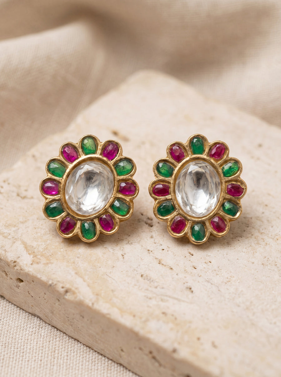 Jadau Kundan stud earrings with alternating ruby and emerald cabochons