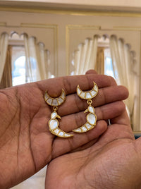 Handcrafted gold-plated Kundan drop earrings with a parrot and crescent moon motif