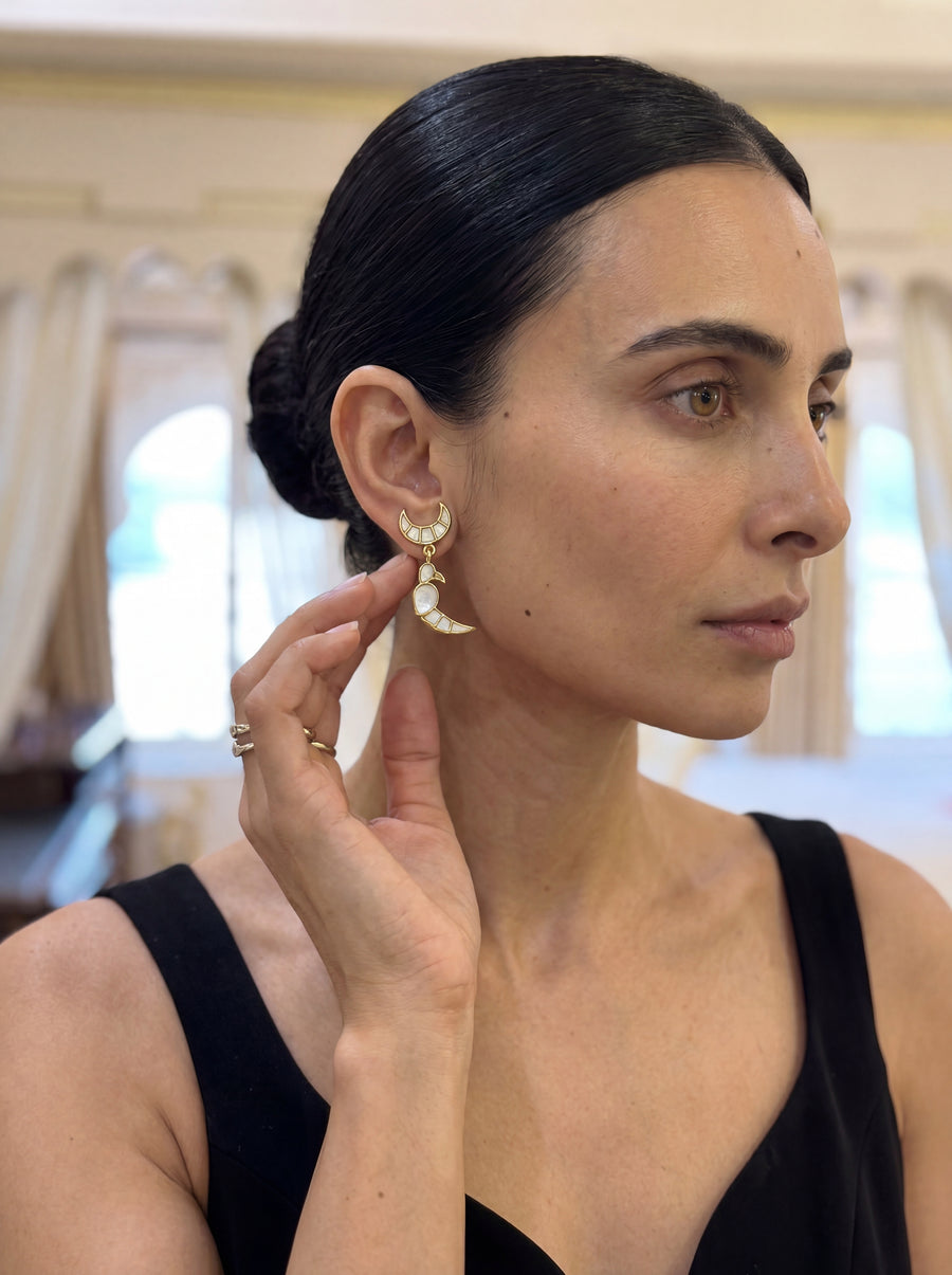 Handcrafted gold-plated Kundan drop earrings with a parrot and crescent moon motif