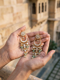 Jadau Kundan chandbali earrings with layered jade and pearl drops