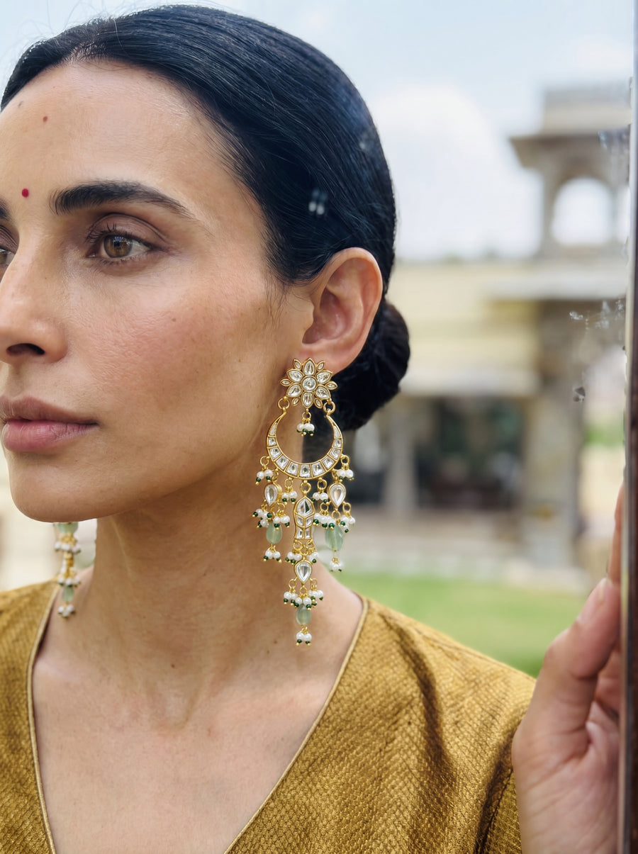 Jadau Kundan chandbali earrings with layered jade and pearl drops