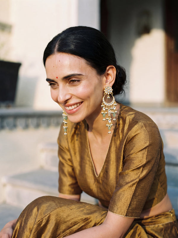 Jadau Kundan chandbali earrings with layered jade and pearl drops