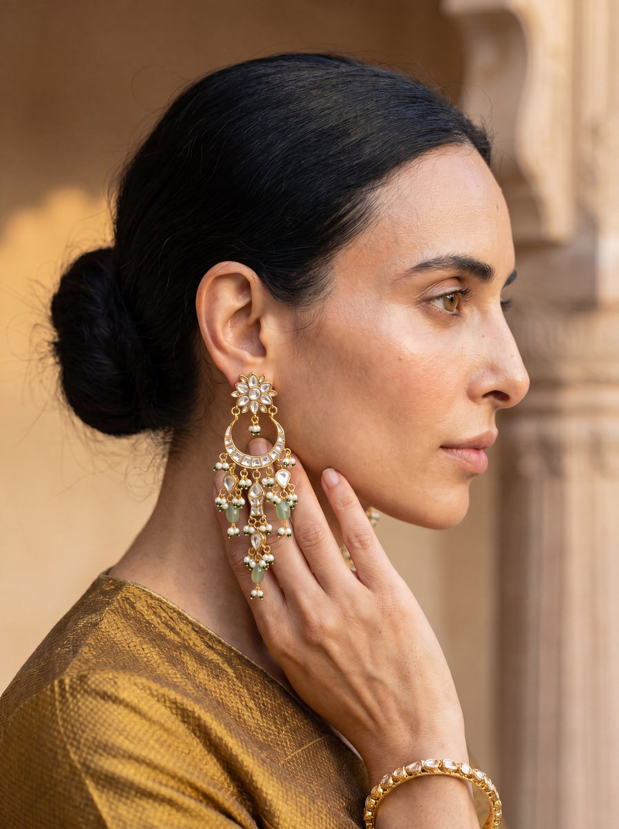 Jadau Kundan chandbali earrings with layered jade and pearl drops