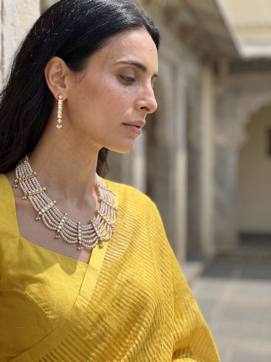 Jadau Kundan haar with six pearl strands and matching drop earrings