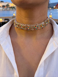 Kundan choker on translucent crystal panels with ruby-turquoise flowers