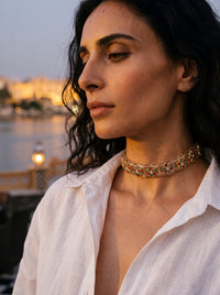 Kundan choker on translucent crystal panels with ruby-turquoise flowers
