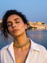 Kundan choker on translucent crystal panels with ruby-turquoise flowers