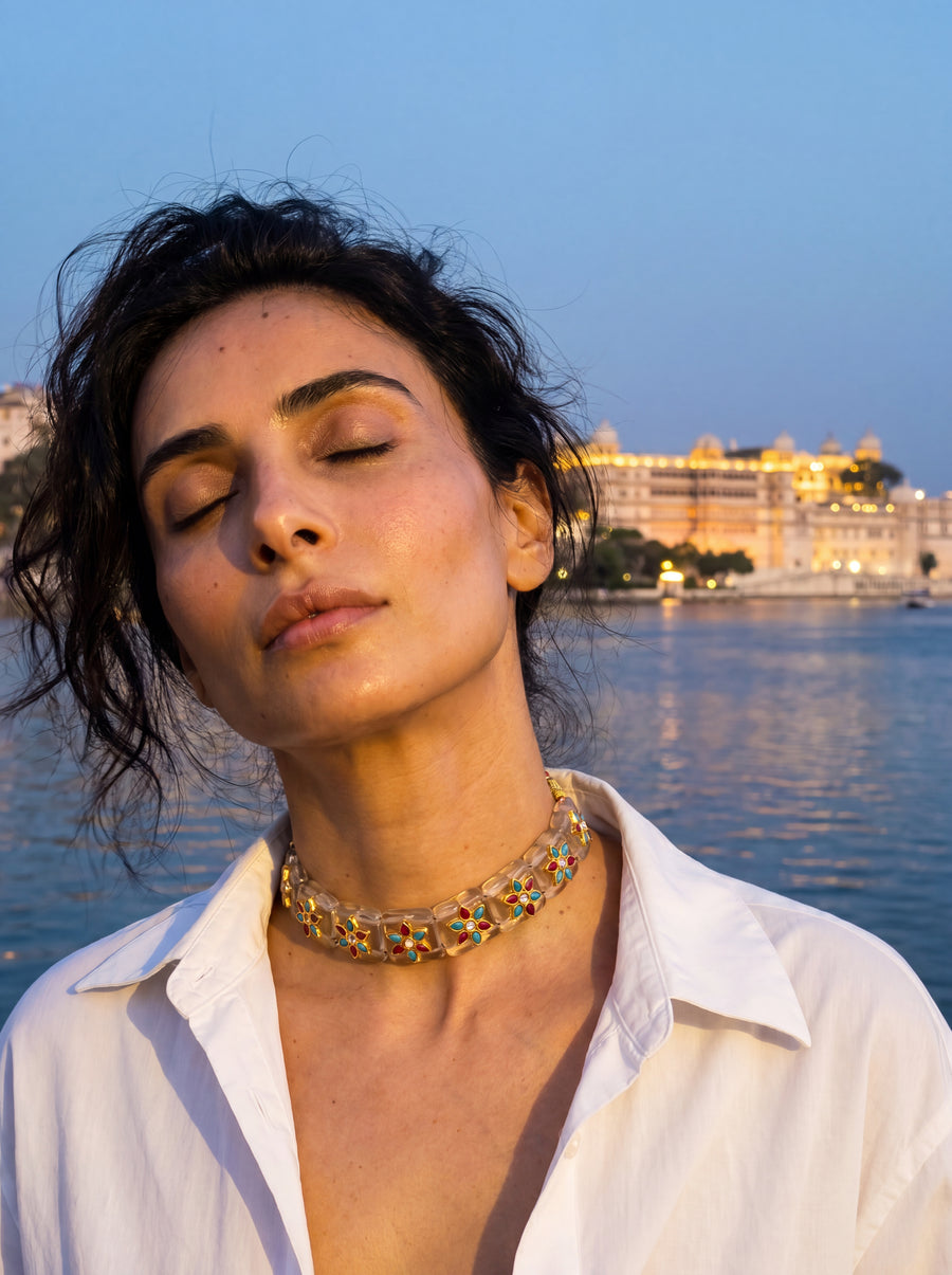Kundan choker on translucent crystal panels with ruby-turquoise flowers