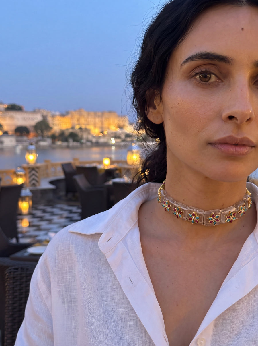 Kundan choker on translucent crystal panels with ruby-turquoise flowers