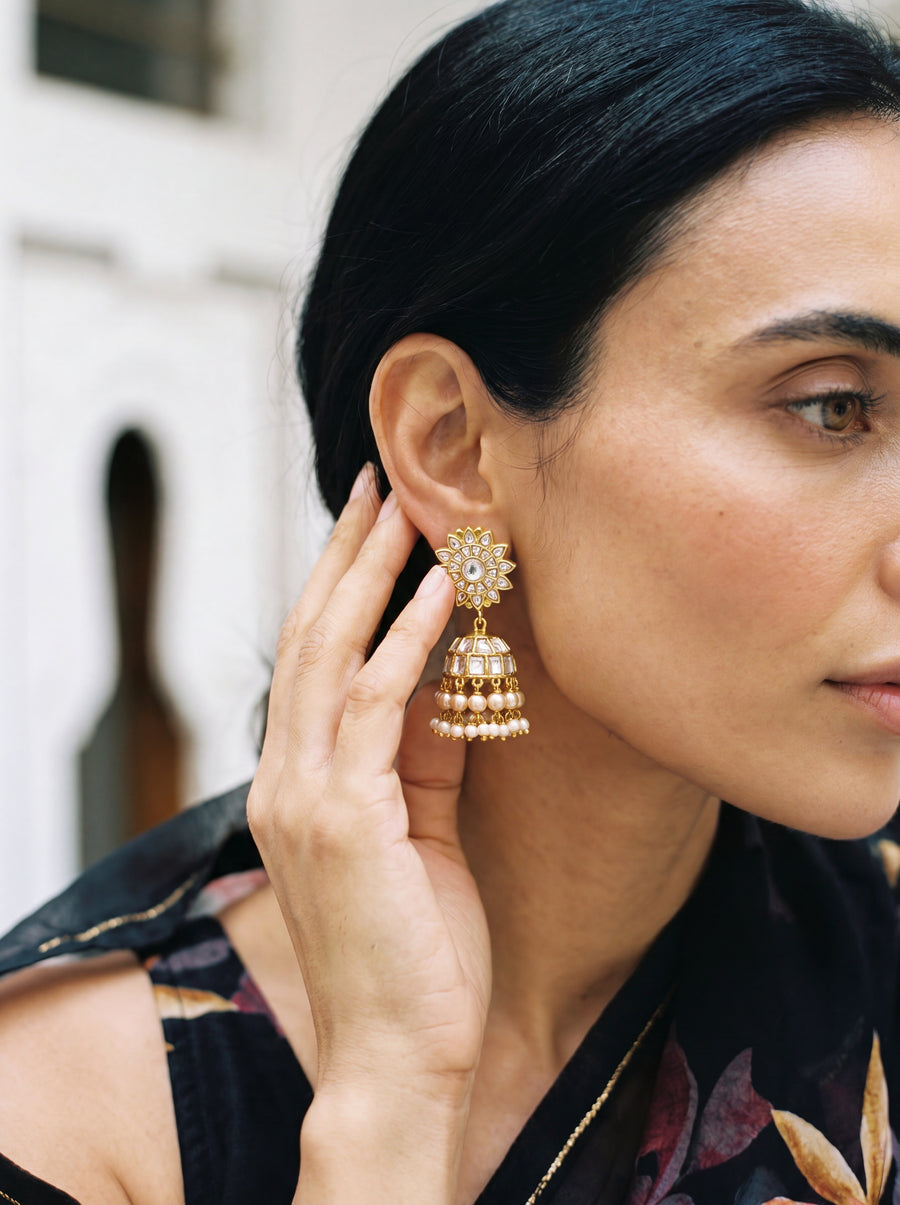 Kundan Polki jhumka earrings with a sunflower top and pearl fringe