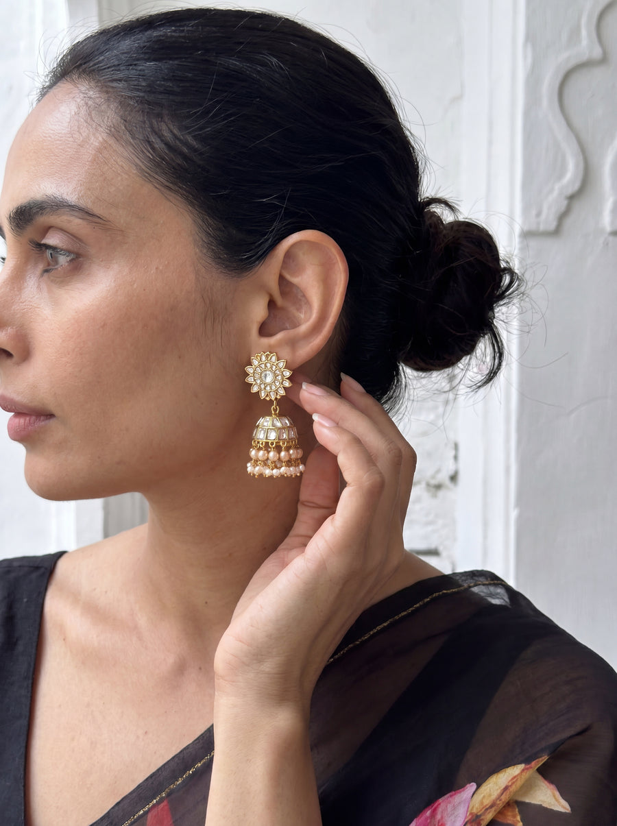 Kundan Polki jhumka earrings with a sunflower top and pearl fringe