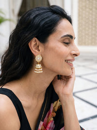 Kundan Polki jhumka earrings with a sunflower top and pearl fringe