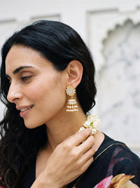 Kundan Polki jhumka earrings with a sunflower top and pearl fringe